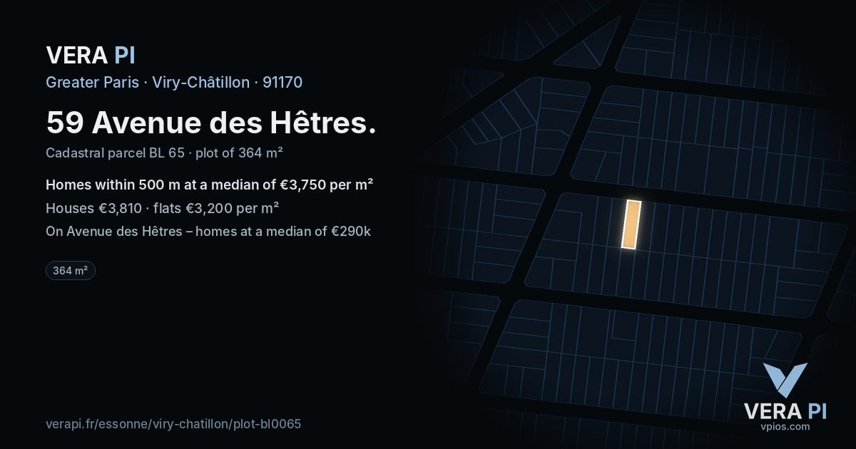 59 Avenue des Hêtres, Viry-Châtillon at night – the plot lit, the parcels around coloured by the prices near them