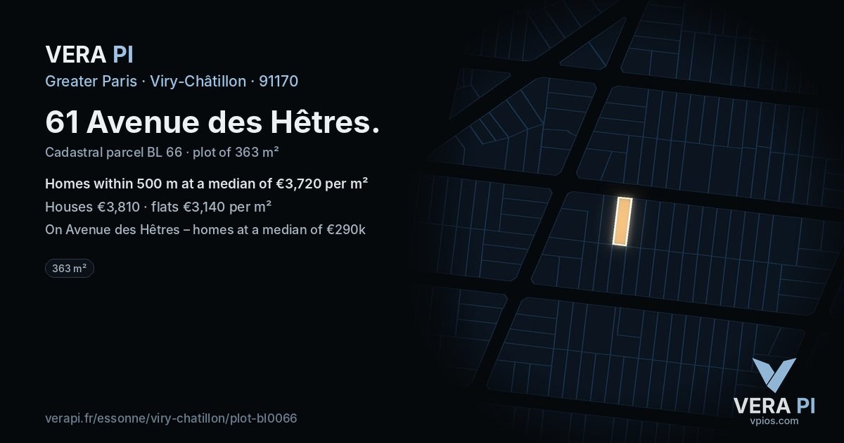 61 Avenue des Hêtres, Viry-Châtillon at night – the plot lit, the parcels around coloured by the prices near them