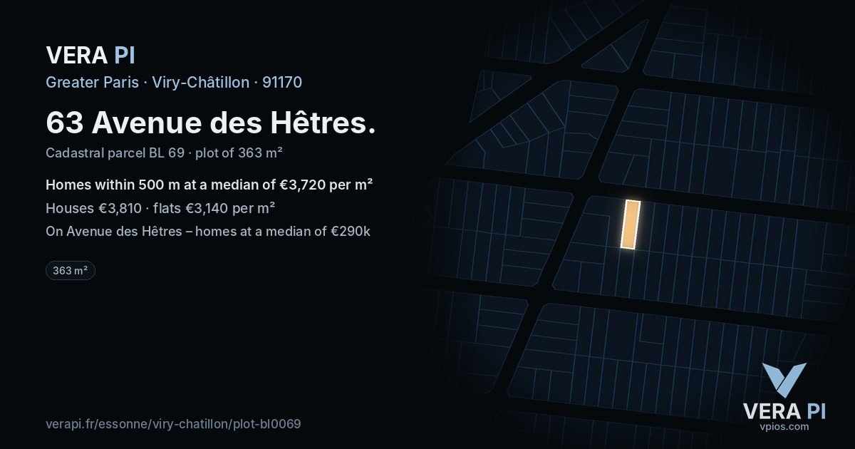 63 Avenue des Hêtres, Viry-Châtillon at night – the plot lit, the parcels around coloured by the prices near them
