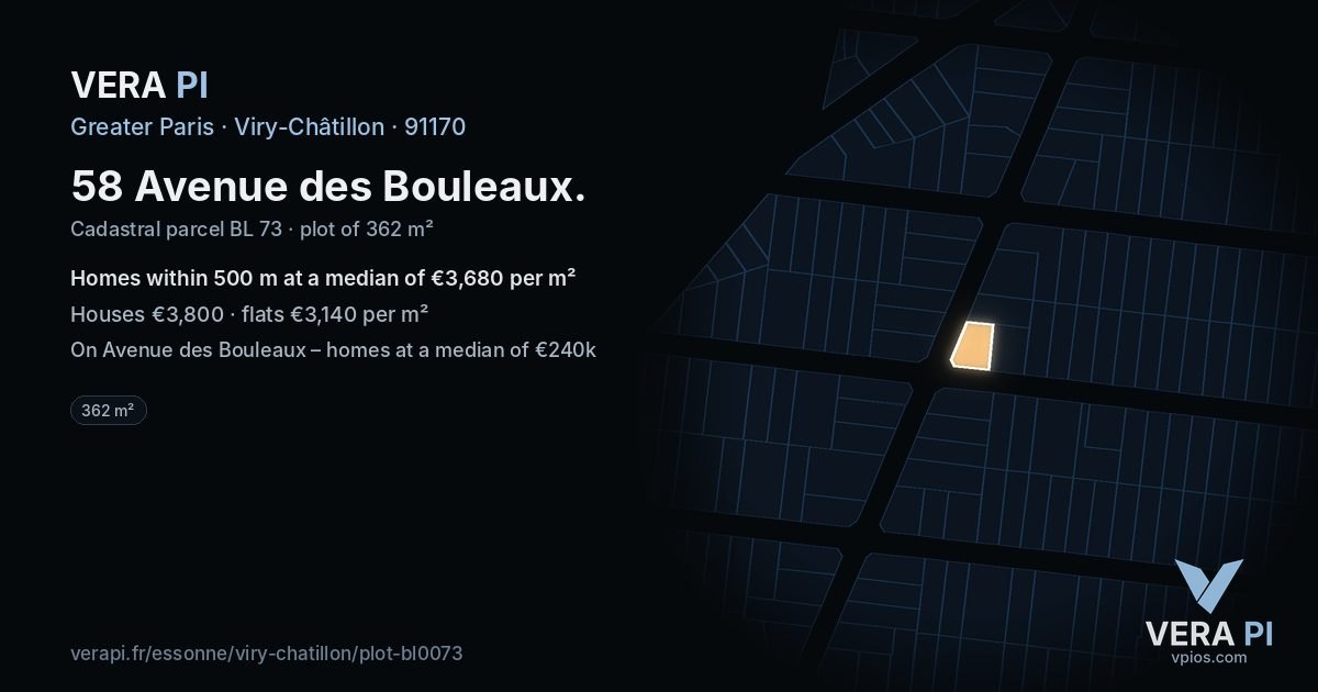 58 Avenue des Bouleaux, Viry-Châtillon at night – the plot lit, the parcels around coloured by the prices near them