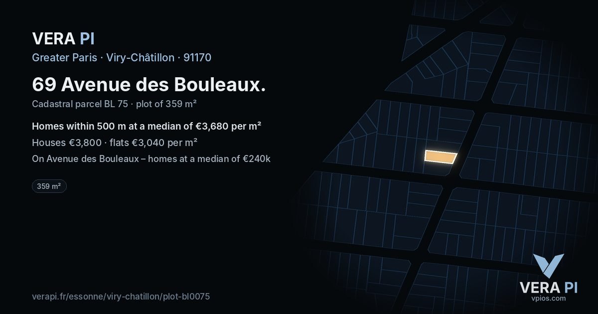 69 Avenue des Bouleaux, Viry-Châtillon at night – the plot lit, the parcels around coloured by the prices near them