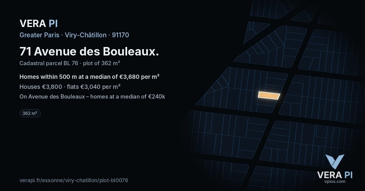71 Avenue des Bouleaux, Viry-Châtillon at night – the plot lit, the parcels around coloured by the prices near them