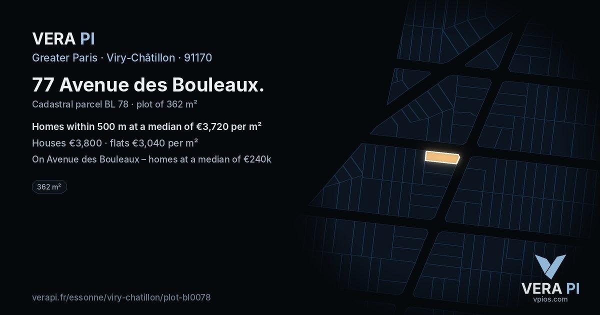 77 Avenue des Bouleaux, Viry-Châtillon at night – the plot lit, the parcels around coloured by the prices near them