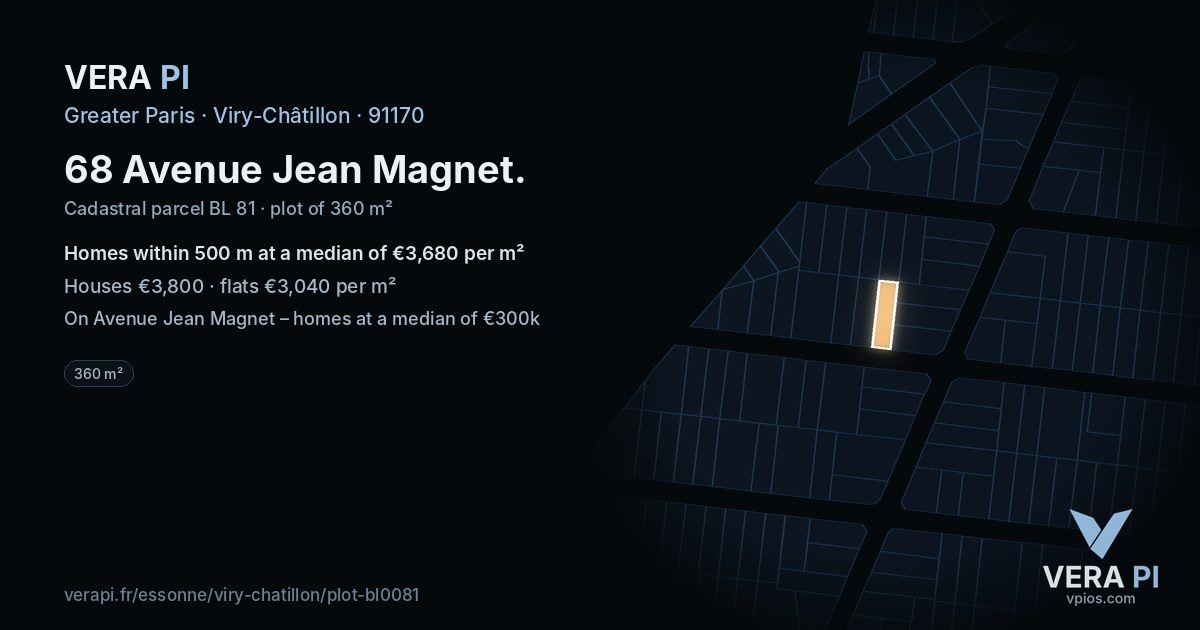 68 Avenue Jean Magnet, Viry-Châtillon at night – the plot lit, the parcels around coloured by the prices near them