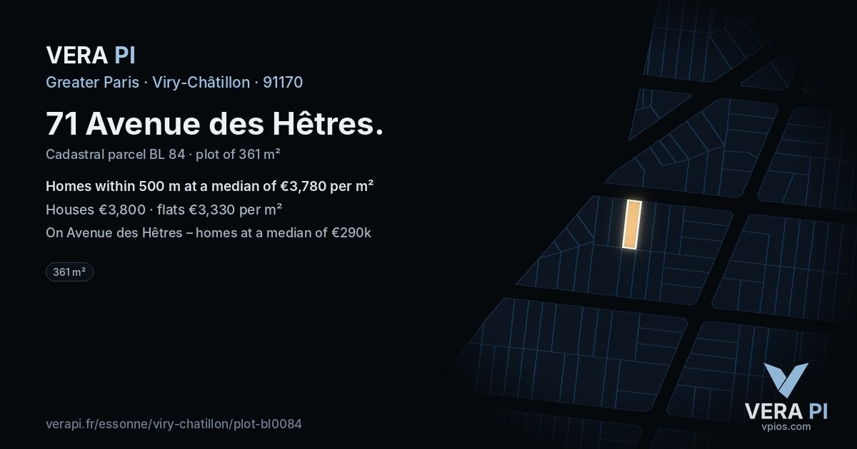 71 Avenue des Hêtres, Viry-Châtillon at night – the plot lit, the parcels around coloured by the prices near them