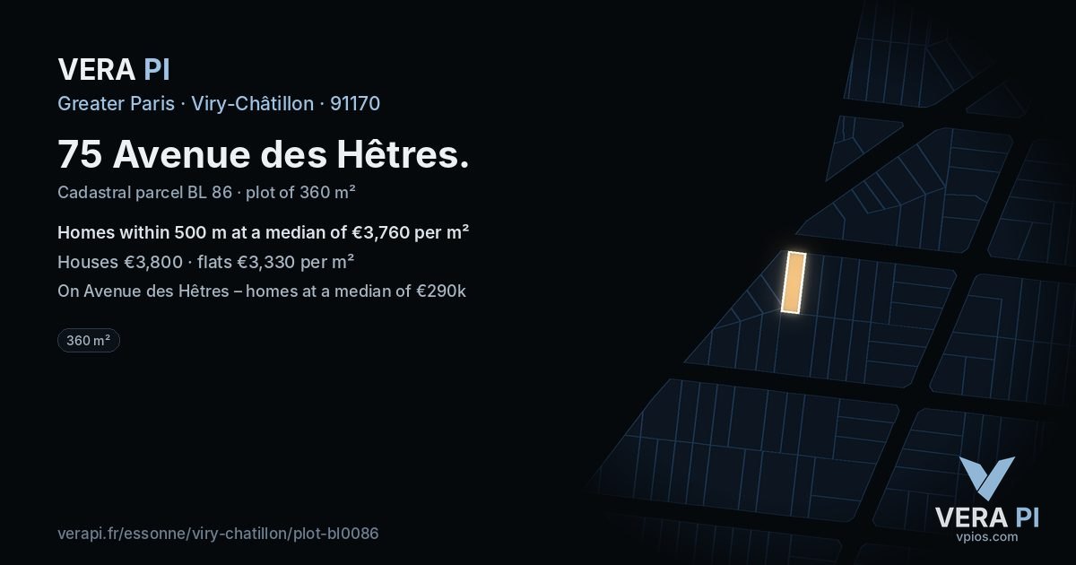 75 Avenue des Hêtres, Viry-Châtillon at night – the plot lit, the parcels around coloured by the prices near them