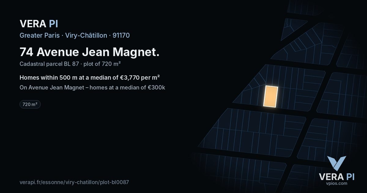 74 Avenue Jean Magnet, Viry-Châtillon at night – the plot lit, the parcels around coloured by the prices near them