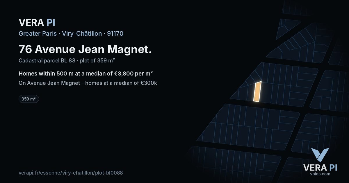 76 Avenue Jean Magnet, Viry-Châtillon at night – the plot lit, the parcels around coloured by the prices near them