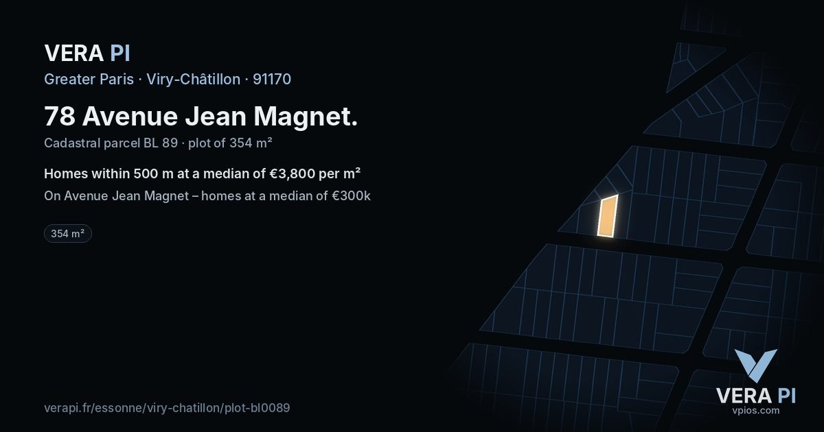 78 Avenue Jean Magnet, Viry-Châtillon at night – the plot lit, the parcels around coloured by the prices near them