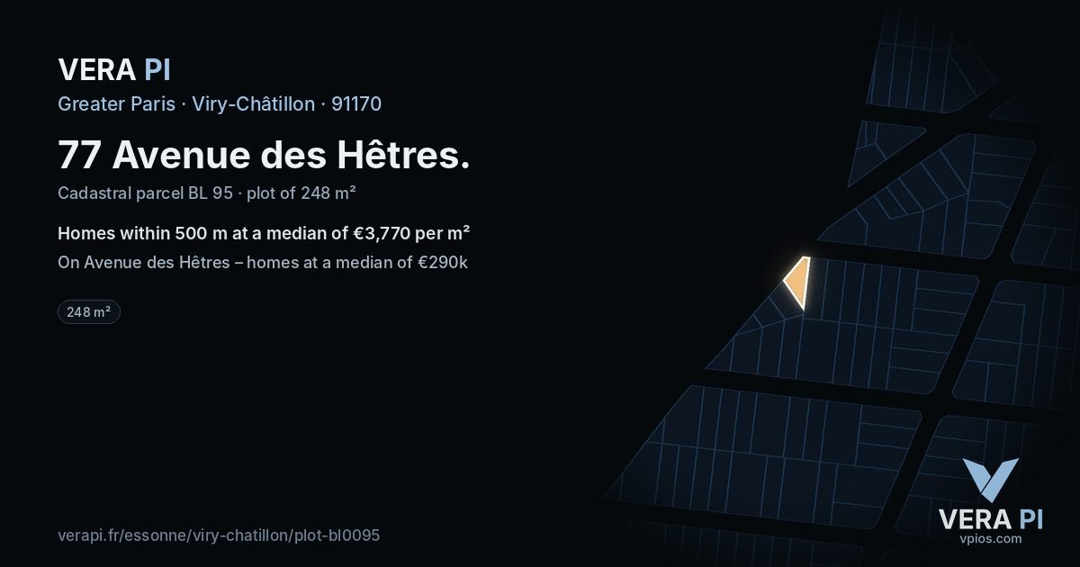 77 Avenue des Hêtres, Viry-Châtillon at night – the plot lit, the parcels around coloured by the prices near them