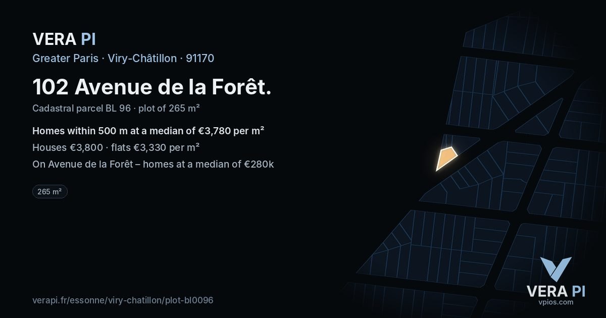 102 Avenue de la Forêt, Viry-Châtillon at night – the plot lit, the parcels around coloured by the prices near them