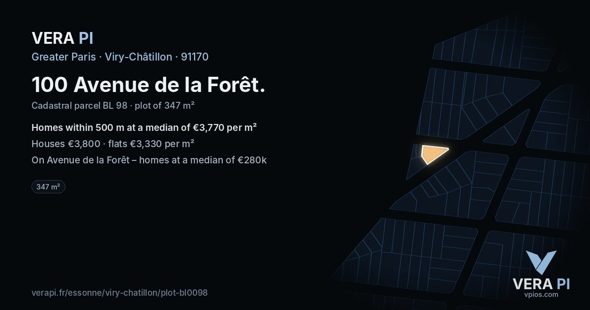 100 Avenue de la Forêt, Viry-Châtillon at night – the plot lit, the parcels around coloured by the prices near them