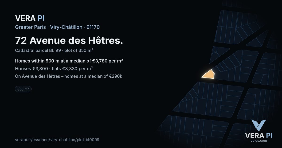 72 Avenue des Hêtres, Viry-Châtillon at night – the plot lit, the parcels around coloured by the prices near them