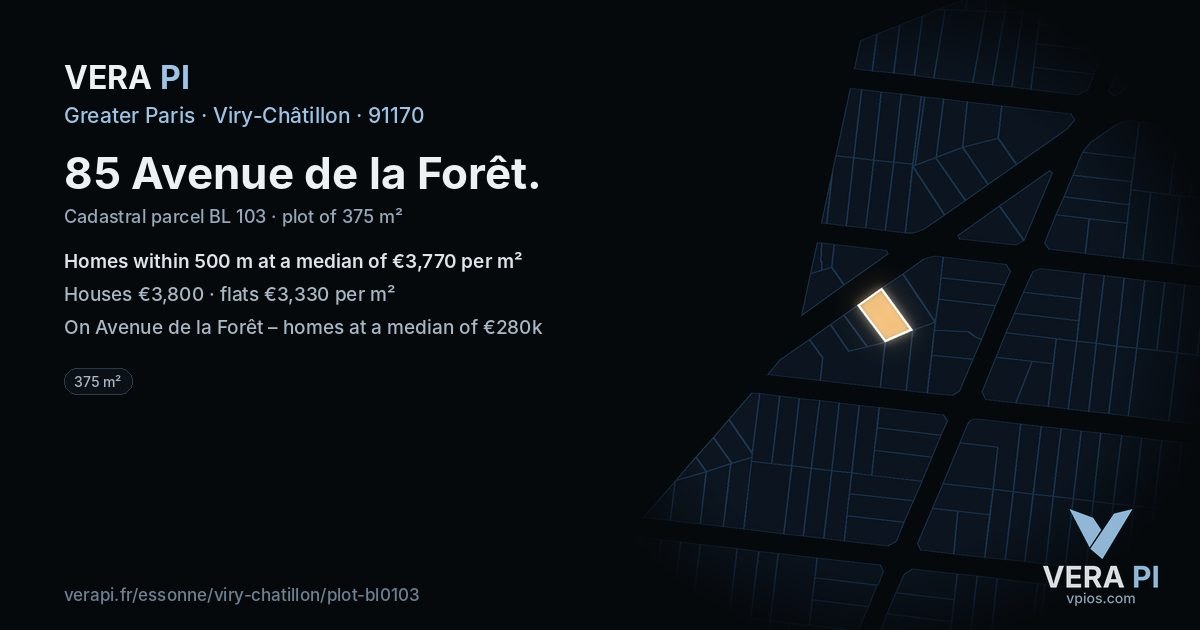 85 Avenue de la Forêt, Viry-Châtillon at night – the plot lit, the parcels around coloured by the prices near them