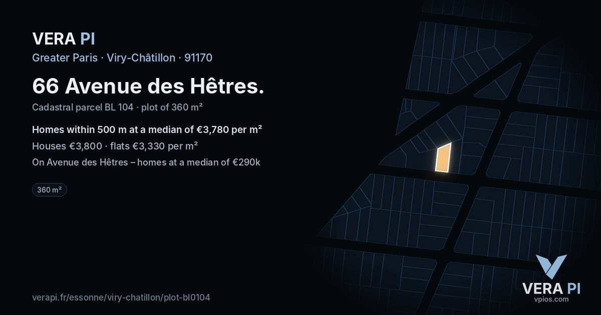 66 Avenue des Hêtres, Viry-Châtillon at night – the plot lit, the parcels around coloured by the prices near them