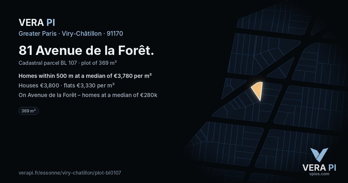 81 Avenue de la Forêt, Viry-Châtillon at night – the plot lit, the parcels around coloured by the prices near them