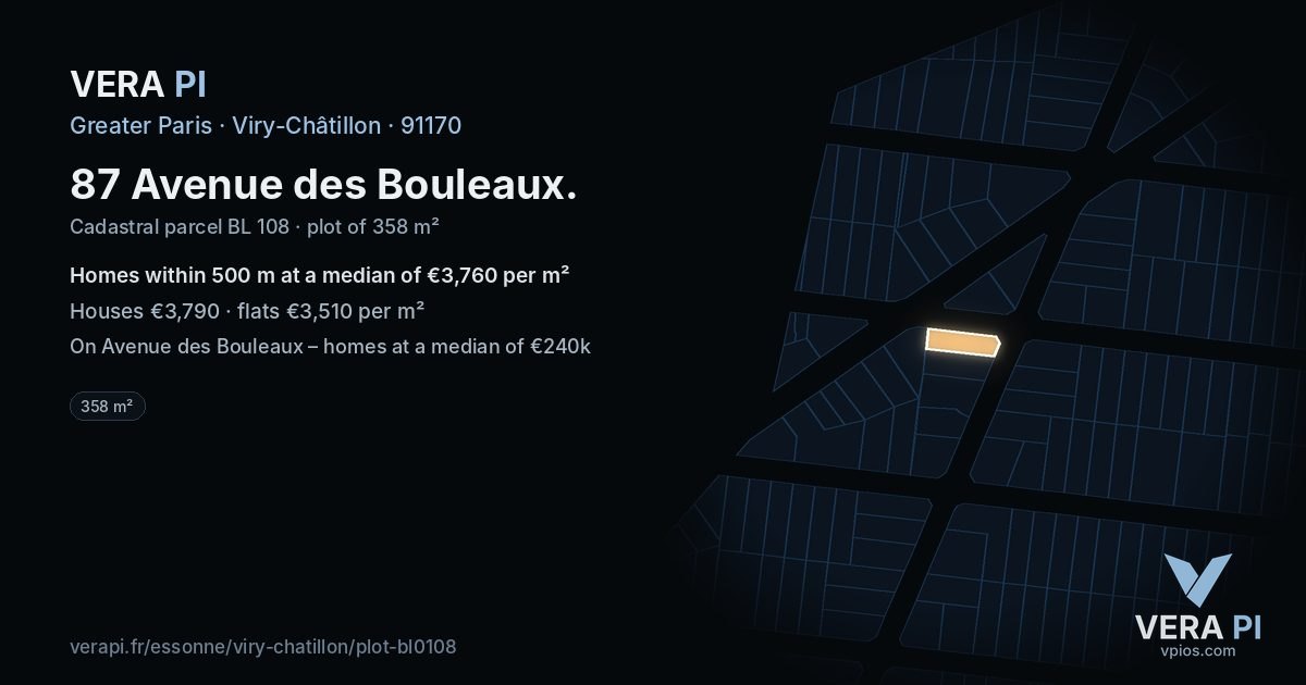 87 Avenue des Bouleaux, Viry-Châtillon at night – the plot lit, the parcels around coloured by the prices near them