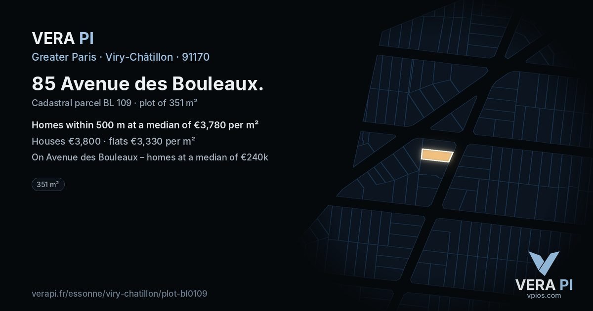 85 Avenue des Bouleaux, Viry-Châtillon at night – the plot lit, the parcels around coloured by the prices near them