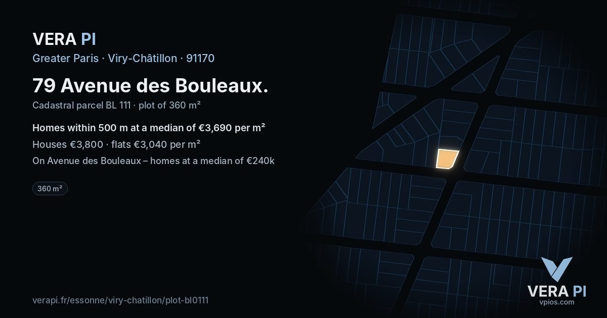 79 Avenue des Bouleaux, Viry-Châtillon at night – the plot lit, the parcels around coloured by the prices near them