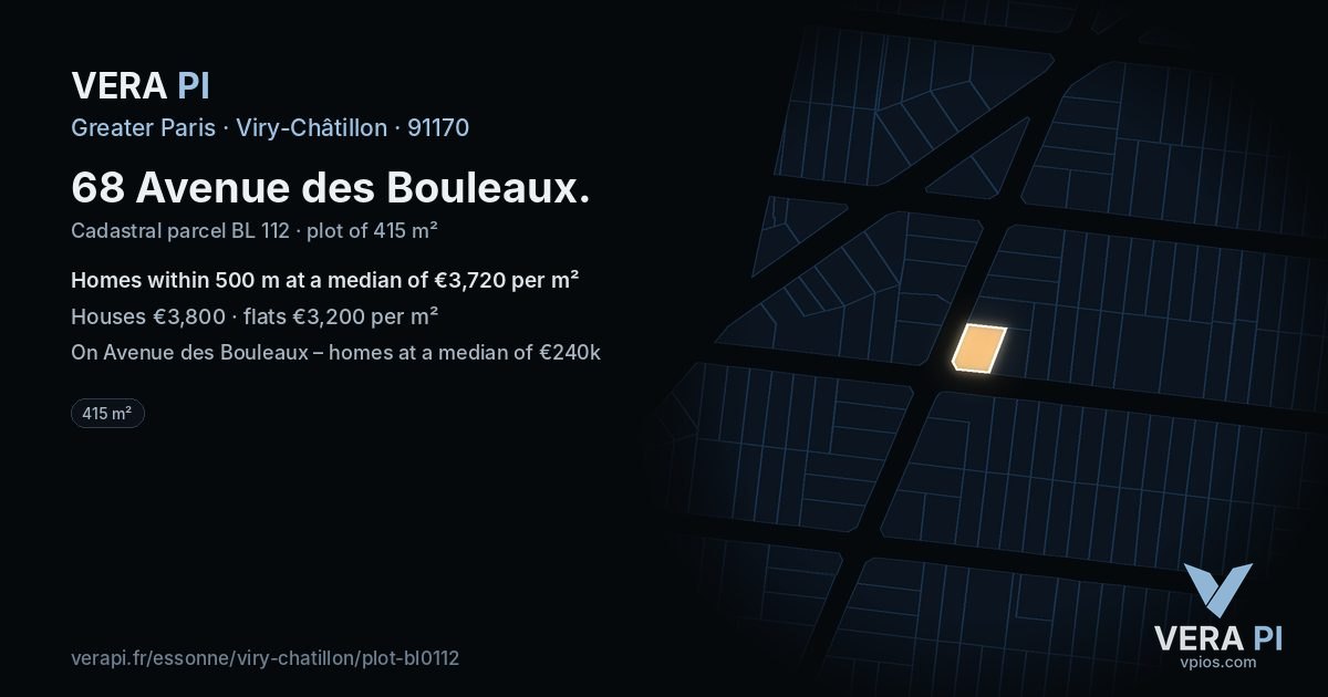 68 Avenue des Bouleaux, Viry-Châtillon at night – the plot lit, the parcels around coloured by the prices near them