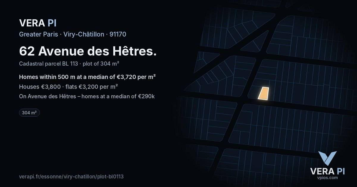 62 Avenue des Hêtres, Viry-Châtillon at night – the plot lit, the parcels around coloured by the prices near them