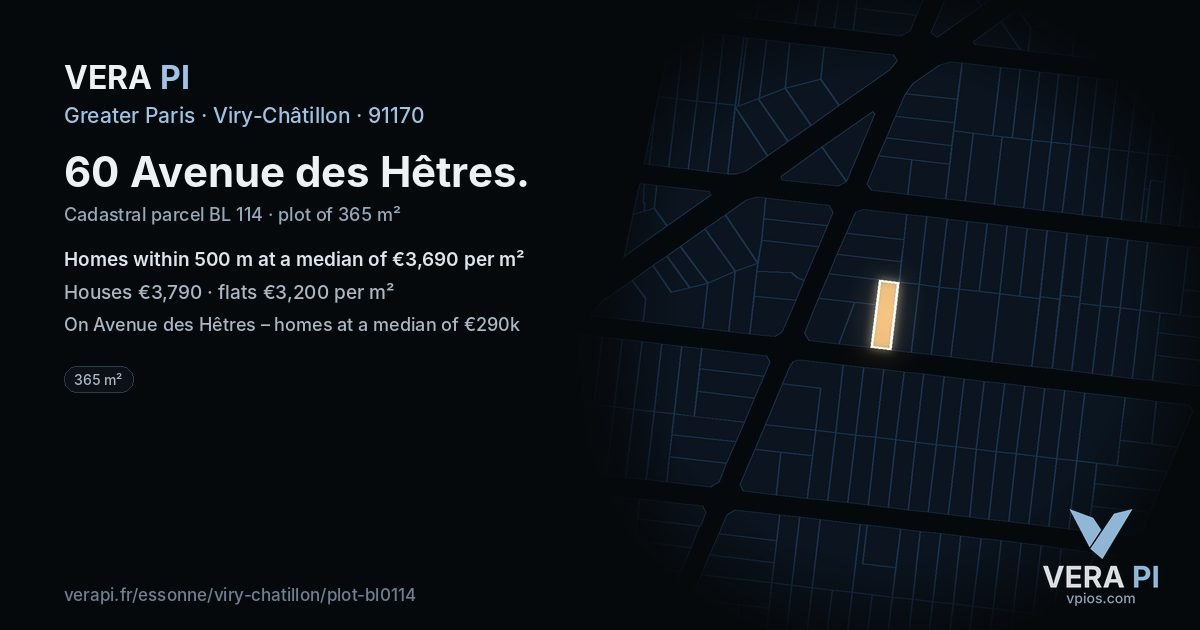 60 Avenue des Hêtres, Viry-Châtillon at night – the plot lit, the parcels around coloured by the prices near them