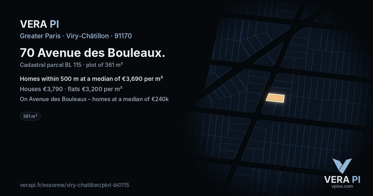 70 Avenue des Bouleaux, Viry-Châtillon at night – the plot lit, the parcels around coloured by the prices near them