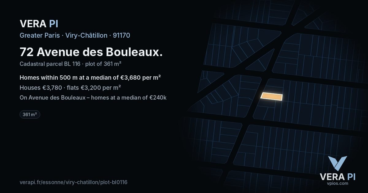 72 Avenue des Bouleaux, Viry-Châtillon at night – the plot lit, the parcels around coloured by the prices near them