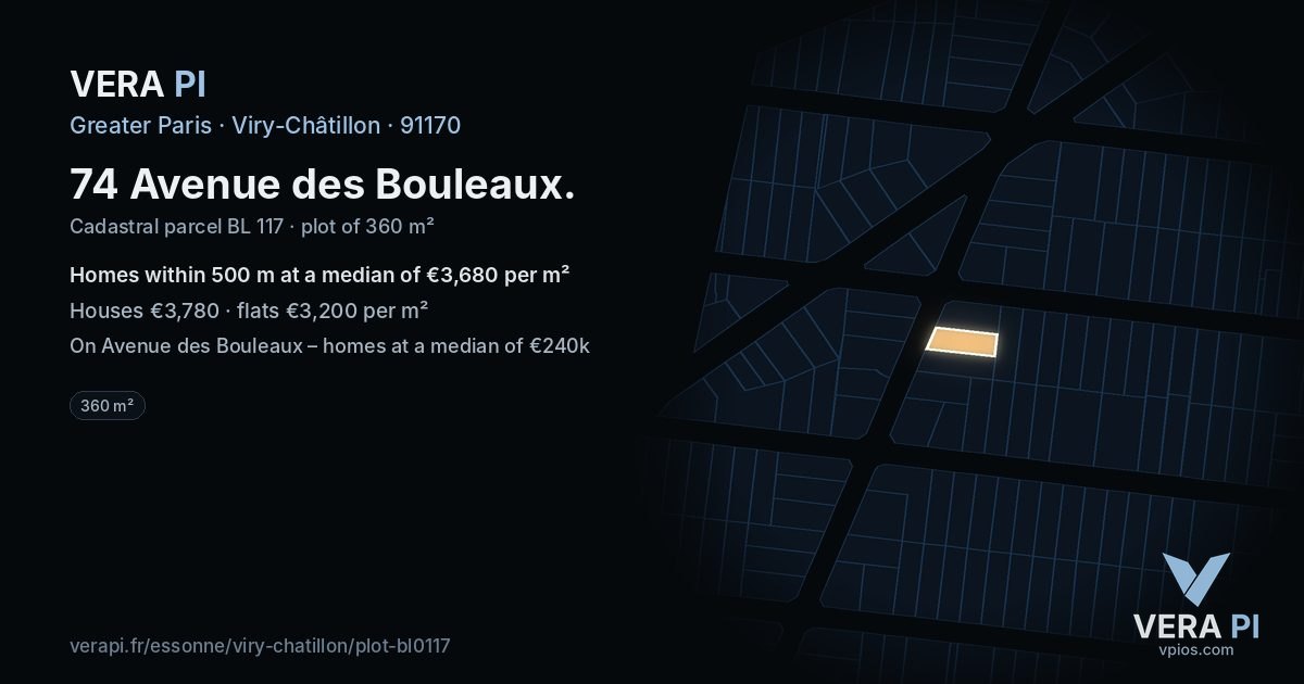 74 Avenue des Bouleaux, Viry-Châtillon at night – the plot lit, the parcels around coloured by the prices near them