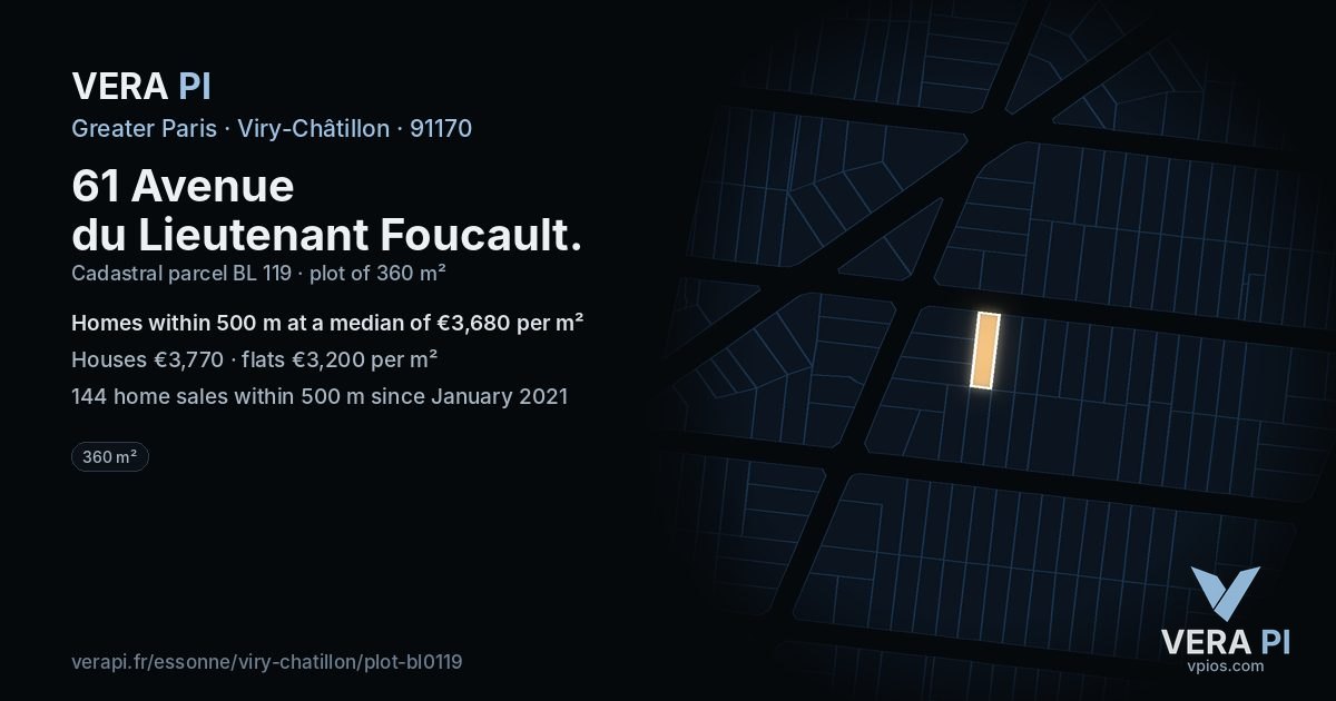 61 Avenue du Lieutenant Foucault, Viry-Châtillon at night – the plot lit, the parcels around coloured by the prices near them