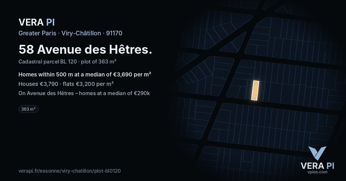 58 Avenue des Hêtres, Viry-Châtillon at night – the plot lit, the parcels around coloured by the prices near them