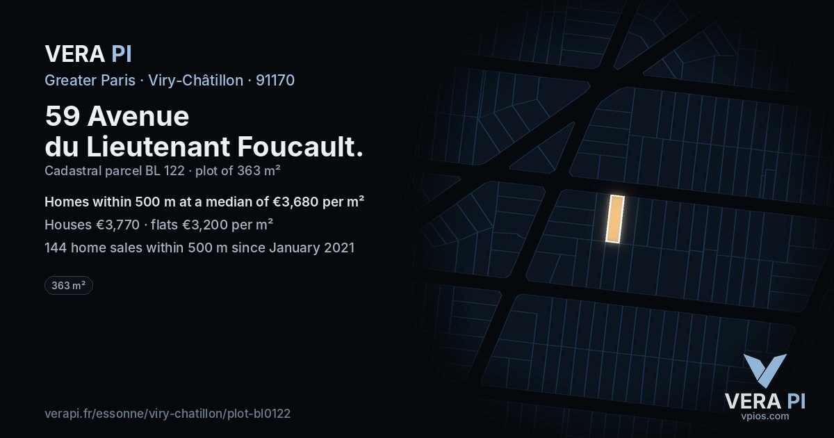 59 Avenue du Lieutenant Foucault, Viry-Châtillon at night – the plot lit, the parcels around coloured by the prices near them