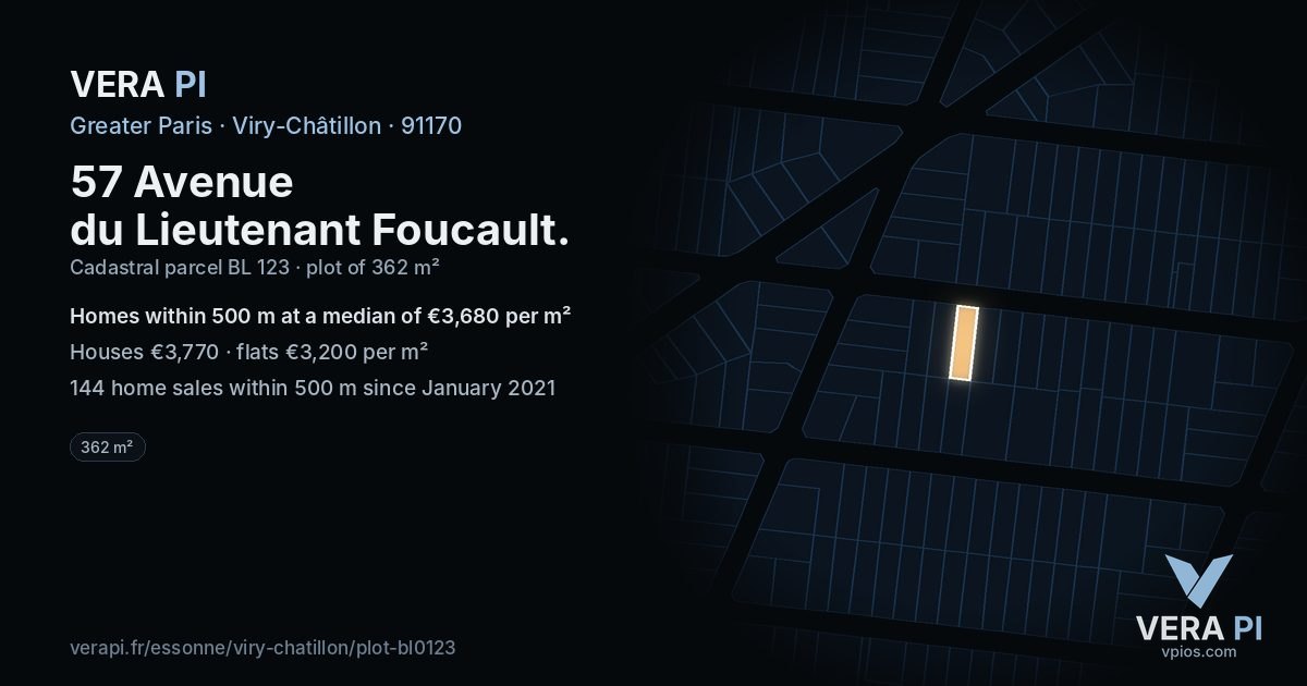 57 Avenue du Lieutenant Foucault, Viry-Châtillon at night – the plot lit, the parcels around coloured by the prices near them