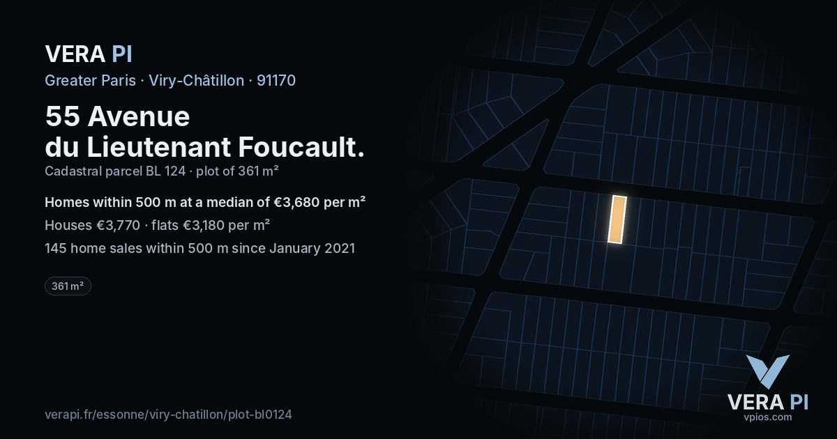 55 Avenue du Lieutenant Foucault, Viry-Châtillon at night – the plot lit, the parcels around coloured by the prices near them