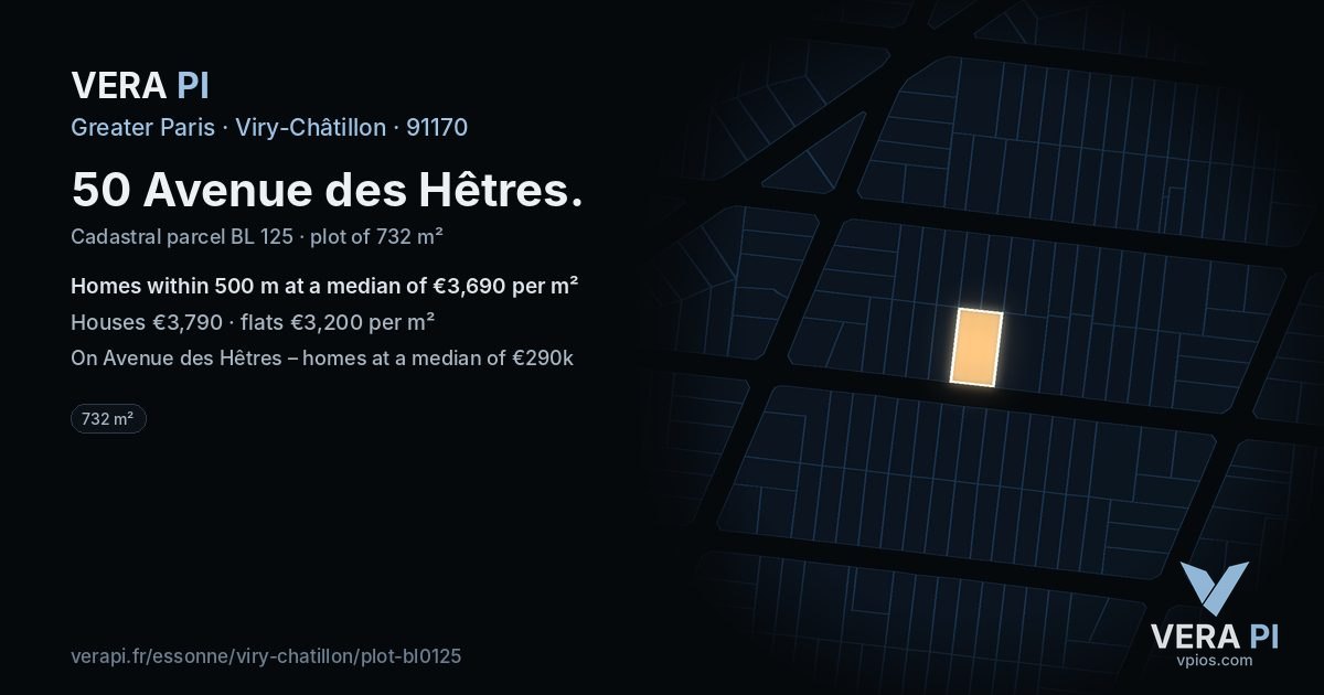 50 Avenue des Hêtres, Viry-Châtillon at night – the plot lit, the parcels around coloured by the prices near them