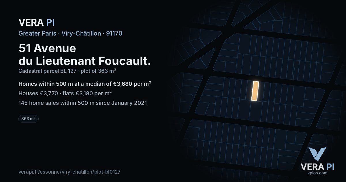 51 Avenue du Lieutenant Foucault, Viry-Châtillon at night – the plot lit, the parcels around coloured by the prices near them