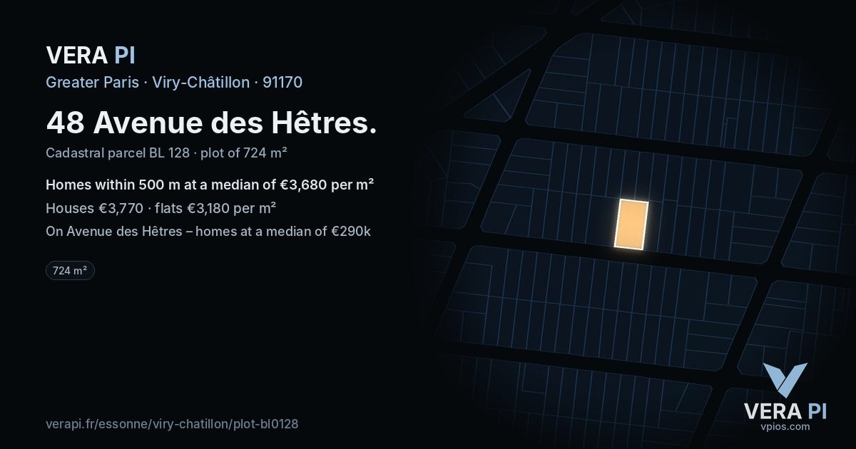 48 Avenue des Hêtres, Viry-Châtillon at night – the plot lit, the parcels around coloured by the prices near them