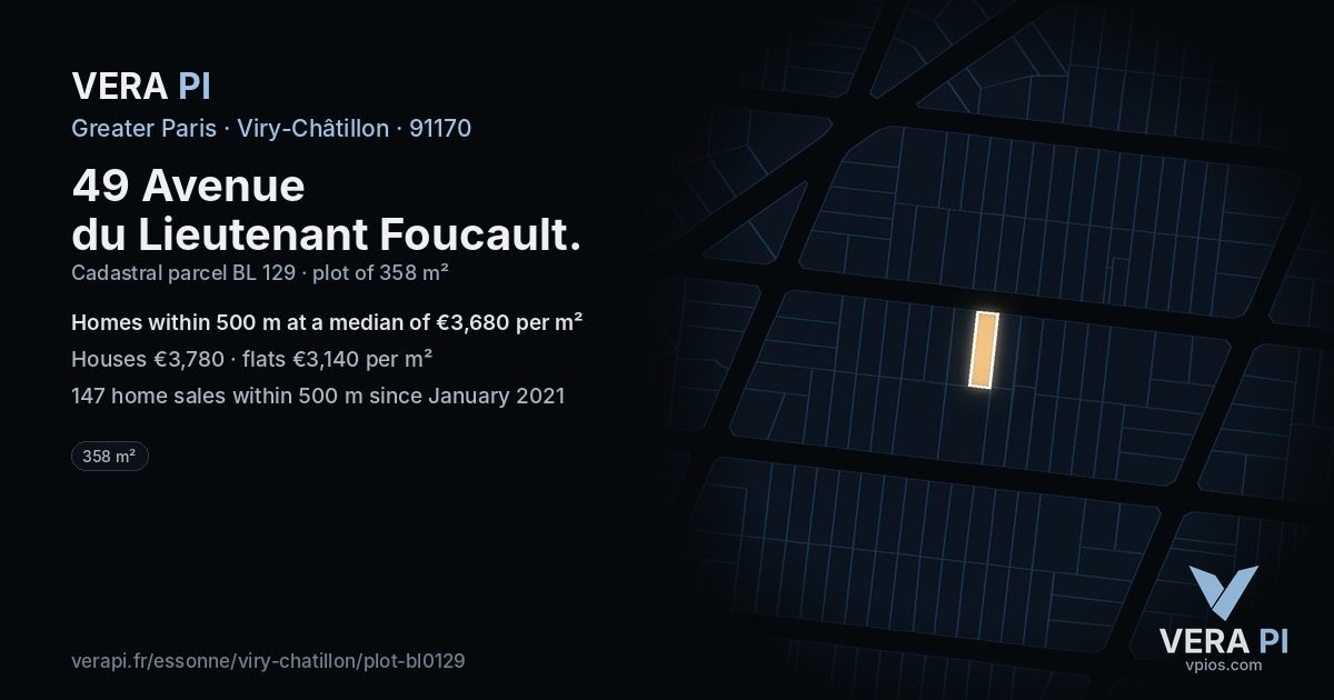 49 Avenue du Lieutenant Foucault, Viry-Châtillon at night – the plot lit, the parcels around coloured by the prices near them