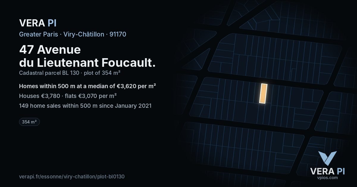 47 Avenue du Lieutenant Foucault, Viry-Châtillon at night – the plot lit, the parcels around coloured by the prices near them