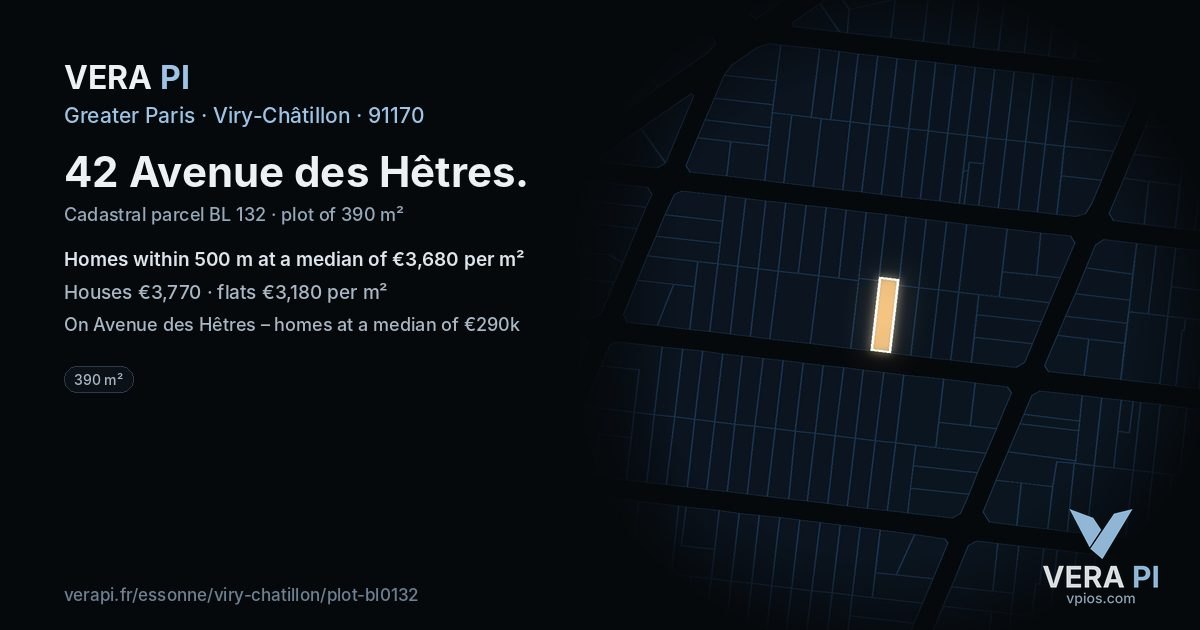 42 Avenue des Hêtres, Viry-Châtillon at night – the plot lit, the parcels around coloured by the prices near them
