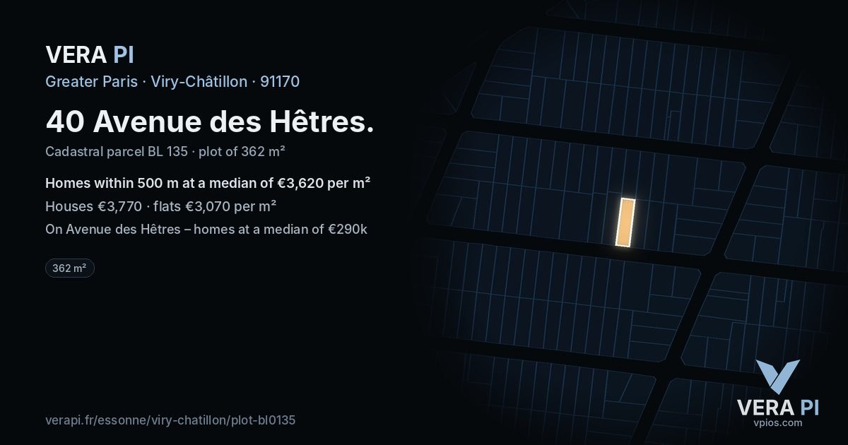 40 Avenue des Hêtres, Viry-Châtillon at night – the plot lit, the parcels around coloured by the prices near them