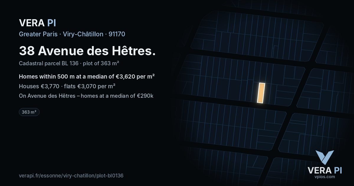 38 Avenue des Hêtres, Viry-Châtillon at night – the plot lit, the parcels around coloured by the prices near them
