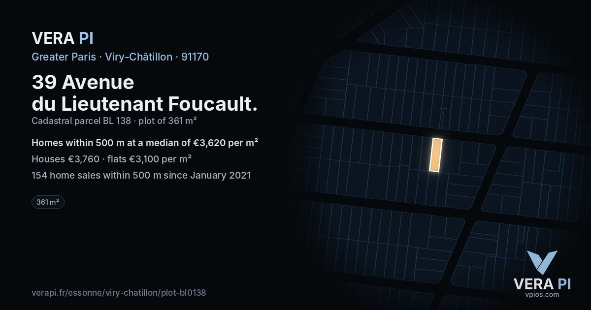39 Avenue du Lieutenant Foucault, Viry-Châtillon at night – the plot lit, the parcels around coloured by the prices near them