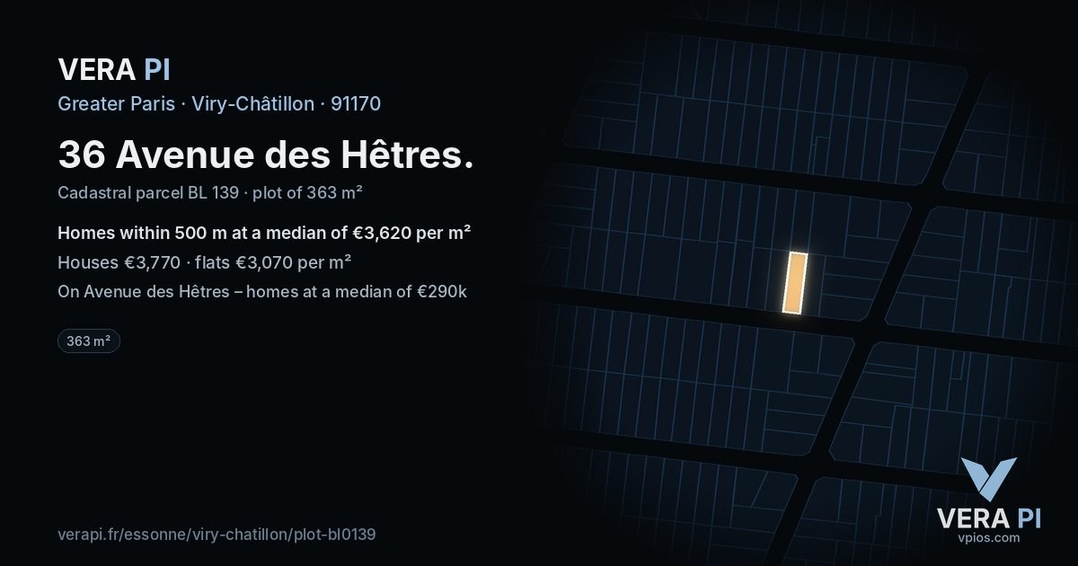 36 Avenue des Hêtres, Viry-Châtillon at night – the plot lit, the parcels around coloured by the prices near them