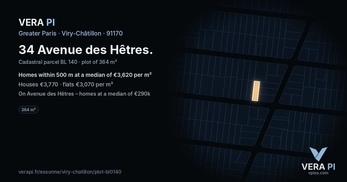 34 Avenue des Hêtres, Viry-Châtillon at night – the plot lit, the parcels around coloured by the prices near them