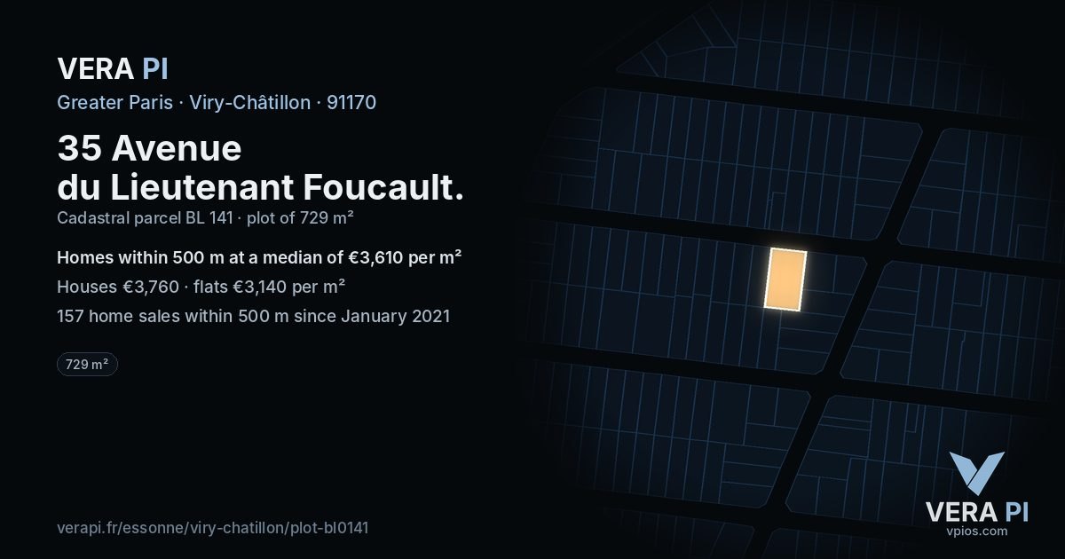 35 Avenue du Lieutenant Foucault, Viry-Châtillon at night – the plot lit, the parcels around coloured by the prices near them