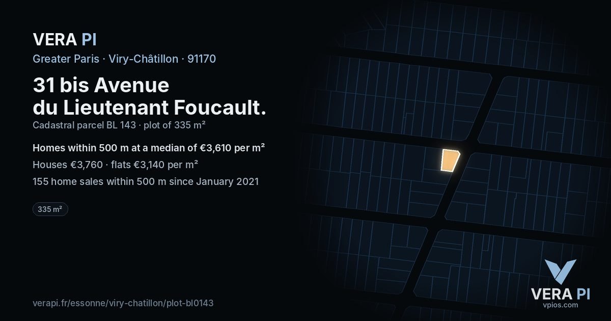 31 bis Avenue du Lieutenant Foucault, Viry-Châtillon at night – the plot lit, the parcels around coloured by the prices near them