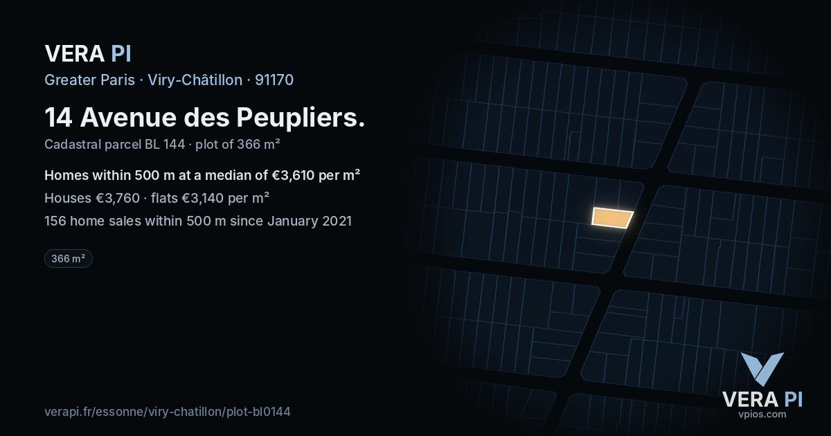 14 Avenue des Peupliers, Viry-Châtillon at night – the plot lit, the parcels around coloured by the prices near them