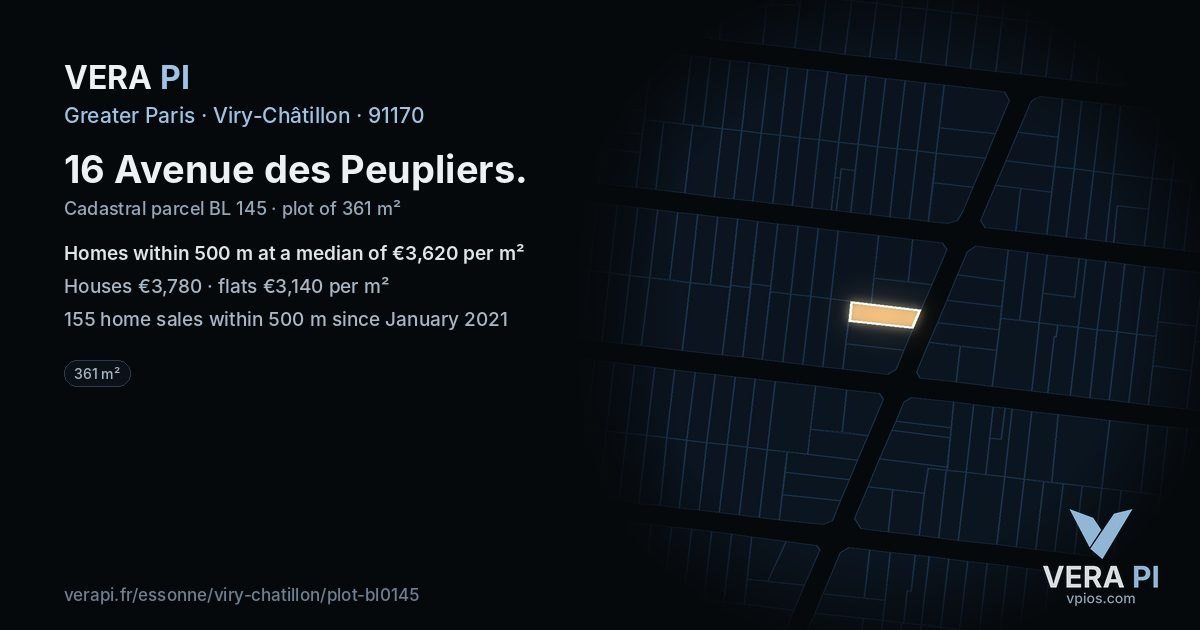 16 Avenue des Peupliers, Viry-Châtillon at night – the plot lit, the parcels around coloured by the prices near them