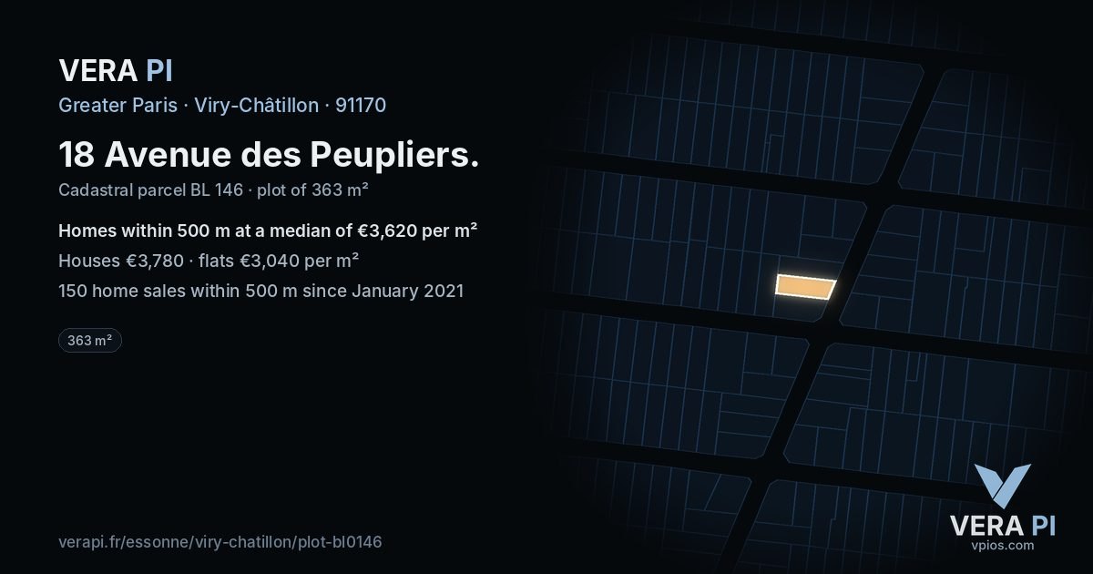 18 Avenue des Peupliers, Viry-Châtillon at night – the plot lit, the parcels around coloured by the prices near them